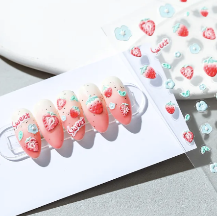 Set d'Autocollants Motifs Fraise et Fleur pour Ongles