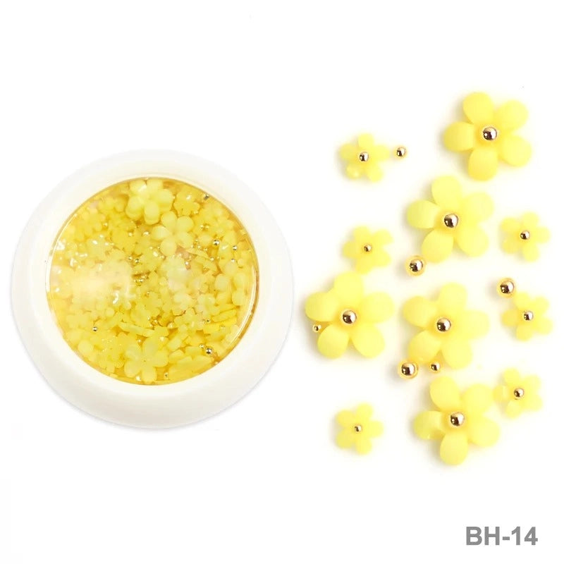 YELLOW FLOWERS AND PEARLS NAIL ART