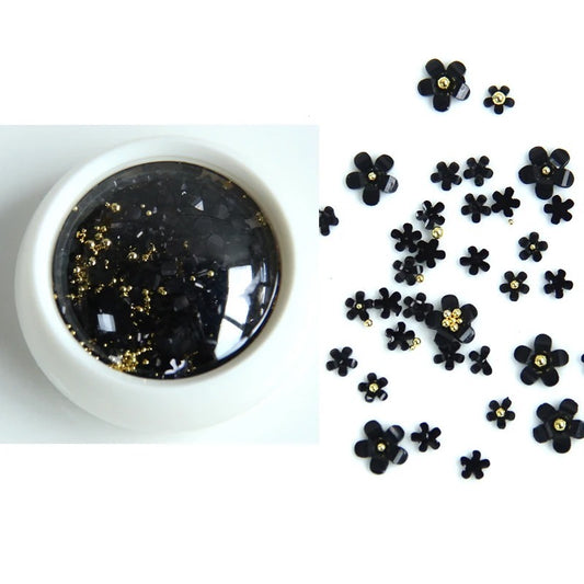 BLACK FLOWERS & GOLD PEARLS NAIL ART