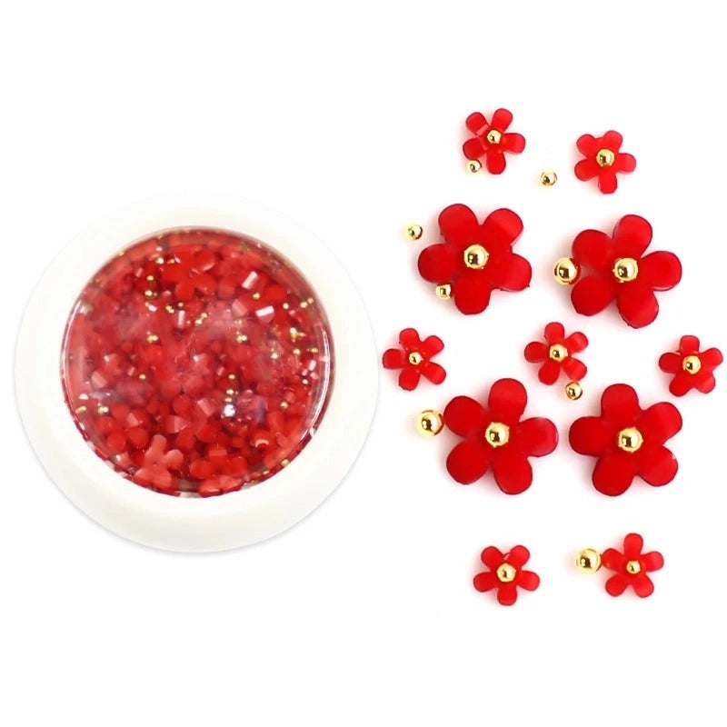 RED FLOWERS AND PEARLS NAIL ART