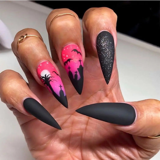 Halloween Press-on Nails – Graveyard and Bats