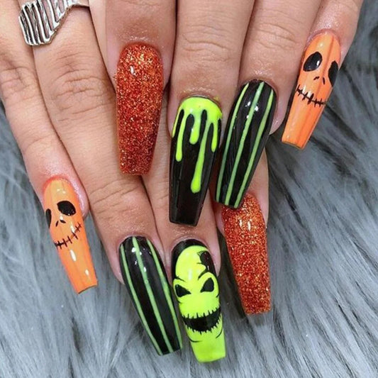 Uñas Postizas Halloween - Calabazas y Efecto Sangre Neón