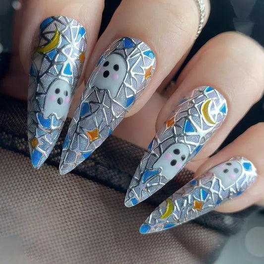 SET DE 24 PRESS ON NAIL STILETTO HALLOWEEN FANTOMES BRILLANTS