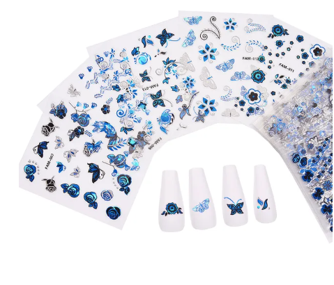 Set 30 plaquettes  autocollants nail art bleu papillons